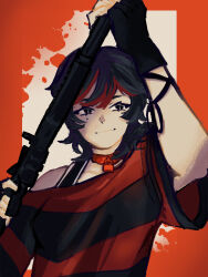 1other absurdres black_eyes black_hair border choker eyelashes fingerless_gloves gloves gun highres holding holding_gun holding_weapon killer_chat! l0tiee misaki_(killer_chat) mole mole_under_eye multicolored_hair orange_background orange_border other_focus shirt short_hair signature smile solo streaked_hair striped_clothes striped_shirt upper_body weapon