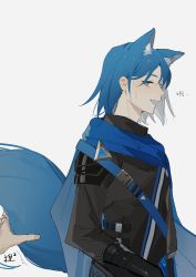 Rule 34 | 1boy, absurdres, animal ears, arknights, armor, black gloves, black shirt, blouse, blue cape, blue eyes, blue hair, cape, chinese commentary, chinese text, commentary request, from side, gloves, guozhihanliangweida 10, highres, horse boy, horse ears, horse tail, long sleeves, looking back, male focus, open mouth, roy (arknights), shirt, short hair, shoulder armor, simple background, solo focus, sweatdrop, tail, tail grab, translation request, upper body, white background