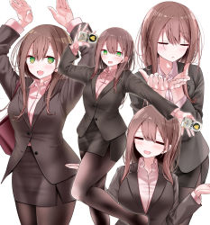 Rule 34 | 1girl, @ @, arm up, arms up, bag, beer can, black jacket, black skirt, blazer, blush, breasts, brown hair, brown pantyhose, can, clone, closed eyes, collared shirt, cowboy shot, drink can, feet out of frame, formal, grey jacket, hair between eyes, handbag, hands up, head tilt, highres, holding, holding can, jacket, long hair, looking at viewer, medium breasts, miniskirt, multiple views, no shoes, office lady, ol-chan (oouso), oouso, open hands, open mouth, original, outstretched arm, own hands together, pantyhose, pencil skirt, pink shirt, shadow, shiny clothes, shirt, sidelocks, simple background, skirt, skirt suit, suit, tight skirt, upper body, w arms, white background, white shirt