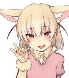 Rule 34 | 10s, 1girl, animal ears, blonde hair, blush, bow, bowtie, brown eyes, extra ears, eyes visible through hair, fellatio gesture, fennec (kemono friends), fox ears, gloves, hair between eyes, kemono friends, looking at viewer, nagami yuu, short sleeves, simple background, smile, solo, upper body, v, white background, yellow bow, yellow bowtie, yellow gloves