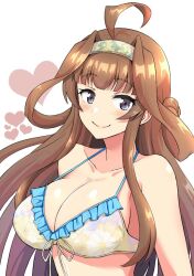 Rule 34 | 1girl, ahoge, bare arms, bare shoulders, bikini, blush, breasts, brown hair, cleavage, closed mouth, collarbone, double bun, hair bun, heart, kantai collection, kongou (kancolle), large breasts, long hair, purple eyes, shigure ryuunosuke, simple background, smile, solo, swimsuit, upper body, white background