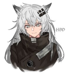 Rule 34 | 1girl, animal ears, aogisa, arknights, black jacket, closed mouth, grey eyes, grey hair, hair between eyes, jacket, lappland (arknights), long hair, looking at viewer, messy hair, portrait, solo, solo focus, white background