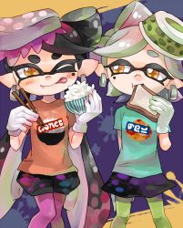 Rule 34 | 2girls, ;p, black hair, blush, bread, bread slice, callie (splatoon), clothes writing, earrings, fang, food, food on head, gloves, green hair, green legwear, inkling, jewelry, long hair, looking at another, marie (splatoon), mebuita, miniskirt, multiple girls, nintendo, object on head, one eye closed, orange eyes, pantyhose, pantyhose under shorts, pointy ears, puffy shorts, purple legwear, rice, shirt, short hair, shorts, siblings, simple background, sisters, skirt, splatoon (series), splatoon 1, sushi, tentacle hair, toast, tongue, tongue out, white gloves
