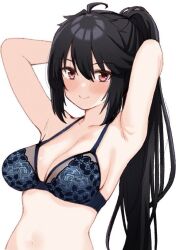 &gt;:) 1girl ahoge alternate_costume armpits arms_behind_head bare_shoulders black_hair blue_bra blush bra breasts cleavage closed_mouth collarbone commentary floral_print floral_print_bra hair_between_eyes hoshikawa_kaguya large_breasts lingerie long_hair looking_at_viewer navel pink_bra ponytail red_eyes sidelocks simple_background smile solo tenshi_souzou_re-boot! tft_(tft7822) tsurime underwear underwear_only upper_body v-shaped_eyebrows very_long_hair white_background