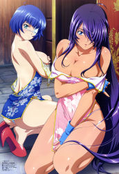 Rule 34 | 00s, 2girls, :o, absurdres, ahoge, antenna hair, ass, back, bare back, bare shoulders, blue eyes, blue hair, blue panties, blush, bob cut, breast hold, breasts, bug, butterfly, censored, china dress, chinese clothes, cleavage, convenient censoring, covering privates, covering breasts, covering crotch, dress, embarrassed, eyepatch, feet, fingerless gloves, floral print, gloves, green eyes, hair over breasts, hair over one eye, high heels, highres, ikkitousen, ikkitousen shuugaku toushi keppuu-roku, insect, jewelry, kan&#039;u unchou, kneeling, large breasts, long hair, looking at viewer, looking back, megami magazine, miyazawa tsutomu, mole, multiple girls, nail, no bra, off shoulder, official art, open mouth, panties, pantyshot, purple hair, purple panties, ryomou shimei, scan, shoe dangle, shoes, short dress, short hair, side slit, sideboob, sidelocks, sitting, tan, thighs, thong, underwear, undressing, very long hair
