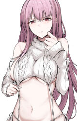 Rule 34 | 1girl, bare shoulders, breasts, closed mouth, detached sleeves, garter straps, glaring, hair between eyes, highres, hololive, hololive english, large breasts, long hair, meme attire, mori calliope, narrowed eyes, navel, panties, pink hair, red eyes, ribbed panties, ribbed sleeves, sak1 01, side-tie panties, sleeveless, sleeveless turtleneck, solo, straight hair, sweater, turtleneck, turtleneck sweater, underboob, underwear, upper body, virgin destroyer sweater, virtual youtuber, white background, white panties, white sleeves, white sweater