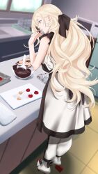 Rule 34 | 1girl, apron, black apron, black dress, blonde hair, blue eyes, bowl, chocolate, cooking, dress, highres, kantai collection, kitchen, long hair, microwave, mole, mole under eye, mole under mouth, richelieu (kancolle), shingyou (alexander-13), solo, standing, strapless, strapless dress, two-tone dress, valentine, very long hair, white dress