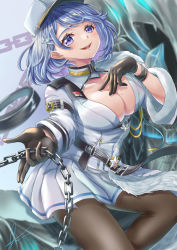 Rule 34 | 1girl, azur lane, black gloves, blue hair, breasts, chain, chain, chapayev (azur lane), cleavage, gloves, hair ornament, half gloves, hand on own chest, highres, holding, holding chain, jacket, large breasts, looking at viewer, medium hair, miniskirt, mole, mole on breast, pantyhose, pleated skirt, purple eyes, signature, skirt, smile, solo, thighs, white headwear, white jacket, white skirt, yam (yam6056)