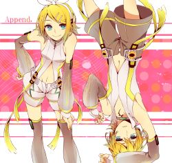 Rule 34 | 1boy, 1girl, aqua eyes, arm warmers, blonde hair, brother and sister, detached sleeves, fingerless gloves, gloves, hair ornament, hair ribbon, hairclip, highres, kagamine len, kagamine len (append), kagamine rin, kagamine rin (append), navel, ribbon, shivue, short hair, shorts, siblings, smile, twins, vocaloid, vocaloid append