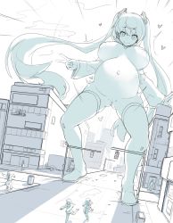 Rule 34 | 1girl, artist request, blush, breasts, building, giant, giantess, hatsune miku, heart, highres, large breasts, navel, pregnant, pussy, smile, spread legs, tagme, twintails, v, vocaloid