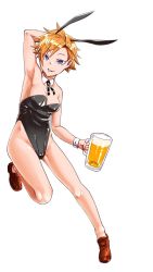 Rule 34 | 1girl, alcohol, animal ears, arm up, armpits, beer, beer mug, blonde hair, blue eyes, breasts, rabbit ears, cameltoe, cup, detached collar, fake animal ears, female focus, full body, highres, leotard, mug, nakao azuma, nijisanji, parted lips, playboy bunny, short hair, simple background, sinobgm 108, smirk, solo, standing, standing on one leg, strapless, strapless leotard, tomboy, tsurime, white background