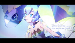 1girl absurdres aurorus bare_shoulders blue_dress blue_eyes blue_hair braid creatures_(company) detached_collar dress game_freak gen_6_pokemon grin hatsune_miku highres holding holding_wand letterboxed mishio_(misio_40) nintendo pokemon pokemon_(creature) project_voltage rock_miku_(project_voltage) short_hair smile vocaloid wand