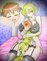 Rule 34 | 1boy, 1girl, age difference, artist request, black bra, boy on top, bra, breast smother, breasts, colored pencil (medium), commentary, face to breasts, garter belt, garter straps, green hair, green pajamas, kazami yuuka, large breasts, on bed, pajamas, size difference, touhou, traditional media, underwear