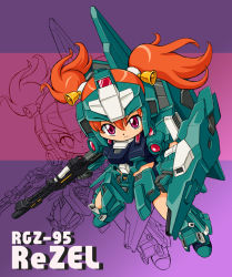 Rule 34 | 1girl, ankle boots, armor, armored boots, bell, belt, boots, full body, gundam, gundam unicorn, helmet, looking at viewer, machinery, maro-n, mecha musume, orange hair, red eyes, rezel, solo, twintails, zoom layer