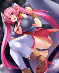 Rule 34 | 1girl, :d, ass, boots, breasts, brown footwear, character request, cleavage, goban, high heel boots, high heels, kou 1 desu ga isekai de joushu hajimemashita, large breasts, long hair, open mouth, pink hair, shoes, smile, solo, thighhighs, twintails, valkyria (kou 1), very long hair, white thighhighs