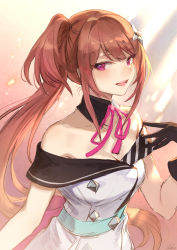 Rule 34 | 1girl, bare arms, bare shoulders, black gloves, breasts, brown hair, commentary request, copyright request, gloves, highres, long hair, looking at viewer, mashuu (neko no oyashiro), medium breasts, open mouth, palette project, pink eyes, pink ribbon, ribbon, short sleeves, smile, solo, virtual youtuber
