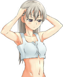 Rule 34 | 1girl, adjusting hair, armpits, arms up, bad id, bad pixiv id, blush, breasts, crop top, eila ilmatar juutilainen, eiraprpr, long hair, looking down, medium breasts, navel, purple eyes, silver hair, solo, strike witches, tank top, world witches series
