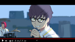 Rule 34 | 2boys, brown hair, drum, glasses, gridman universe, highres, holding, holding microphone, instrument, juuga, looking at viewer, male focus, meme, microphone, multicolored hair, multiple boys, onija, red hair, scene reference, smile, ssss.dynazenon, yellow eyes, youtube