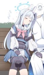 Rule 34 | 1boy, 1girl, animal ears, doodle sensei (blue archive), bench, blue archive, blush, bulletproof vest, commentary request, fake animal ears, gloves, grey hair, headband, highres, hoshino ouka, knee pads, long hair, miyako (blue archive), school uniform, sensei (blue archive), simple background, smile, tactical clothes, translation request, white background
