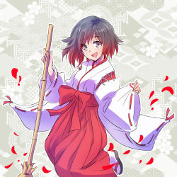 Rule 34 | 1girl, :d, alternate costume, black eyes, black footwear, black hair, blush, bow, broom, full body, geta, gradient hair, grey eyes, hakama, hakama skirt, highres, holding, holding broom, iesupa, japanese clothes, jumping, kimono, kneeling, long sleeves, looking at viewer, miko, multicolored hair, open mouth, patterned background, petals, red bow, red hair, red hakama, ribbon-trimmed sleeves, ribbon trim, ruby rose, rwby, short hair, skirt, sleeves past wrists, smile, solo, standing, standing on one leg, tabi, tareme, white kimono, white legwear, wide sleeves