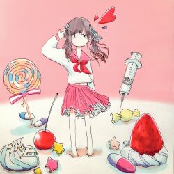 Rule 34 | 1girl, brown hair, candy, cherry, food, fruit, full body, hand up, heart, highres, lollipop, long hair, long sleeves, looking at viewer, midriff peek, mini person, minigirl, neckerchief, original, petticoat, pill, pink background, pink sailor collar, pink skirt, red neckerchief, sailor collar, sailor shirt, school uniform, serafuku, shirt, skirt, solo, sprinkles, standing, star (symbol), strawberry, swirl lollipop, syringe, tokunaga aoi, traditional media, twintails, whipped cream, white background, white shirt