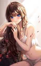 Rule 34 | 1girl, :3, absurdres, blue eyes, blurry, blurry foreground, blush, bokeh, breasts, brown hair, cleavage, crop top, depth of field, fingers together, head rest, highres, ichinose shiki, idolmaster, idolmaster cinderella girls, kudou (sikisiki0000), looking at viewer, midriff, navel, petals, shiny skin, short shorts, shorts, sitting, smile, solo, tank top, thighs