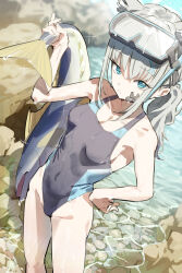 Rule 34 | 1girl, absurdres, animal, animal ears, applepie (12711019), black one-piece swimsuit, blue archive, blue eyes, breasts, collarbone, competition swimsuit, covered navel, cross hair ornament, fish, goggles, goggles on head, grey hair, hair ornament, highres, holding, holding animal, looking at viewer, medium breasts, medium hair, official alternate costume, one-piece swimsuit, shiroko (blue archive), shiroko (swimsuit) (blue archive), solo, standing, swimsuit, thighs