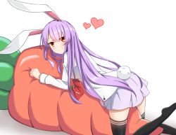 Rule 34 | 1girl, animal ears, bad id, bad pixiv id, black thighhighs, blush, carrot-shaped pillow, hair between eyes, heart, lavender skirt, light purple hair, long hair, long sleeves, looking at viewer, looking back, lying, necktie, on stomach, pin, rabbit ears, rabbit girl, rabbit tail, red eyes, red necktie, reisen udongein inaba, shadow, shirt, simple background, smile, solo, tail, thighhighs, tie clip, touhou, very long hair, white background, white shirt, xialuluo (sharuro)