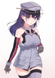 Rule 34 | 1girl, bare shoulders, bismarck (kancolle), bismarck (kancolle) (cosplay), black gloves, black hair, breasts, brown eyes, cosplay, cowboy shot, detached sleeves, gloves, gradient background, grey hat, grey thighhighs, hat, kantai collection, large breasts, long hair, looking at viewer, military uniform, mitsuyo (mituyo324), peaked cap, solo, standing, thighhighs, uniform, ushio (kancolle)