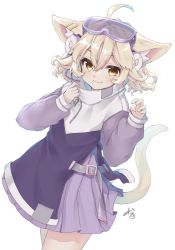 Rule 34 | &gt;:), 1girl, :3, animal ears, blonde hair, cat ears, cat girl, cat tail, claw pose, commission, goggles, goggles on head, high collar, highres, indie virtual youtuber, jacket, long sleeves, nachiru, natsume ricca, orange eyes, puffy long sleeves, puffy sleeves, purple jacket, purple skirt, short hair, simple background, skeb commission, skirt, smile, tail, v-shaped eyebrows, virtual youtuber, white background