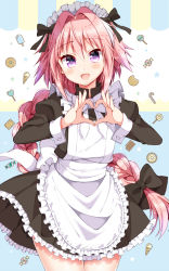 Rule 34 | 1boy, alternate costume, apron, astolfo (fate), black bow, black dress, bow, braid, candy, candy cane, chocolate, cookie, cowboy shot, cracker, dress, enmaided, fate/apocrypha, fate (series), food, frilled apron, frills, hair bow, hair intakes, hair ribbon, heart, heart-shaped lollipop, heart hands, juliet sleeves, lollipop, long hair, long sleeves, looking at viewer, maid, maid apron, maid headdress, male focus, official alternate costume, open mouth, pink hair, puffy sleeves, ribbon, shaped lollipop, sidelocks, single braid, smile, solo, trap, tsukudani norio, wrapped candy