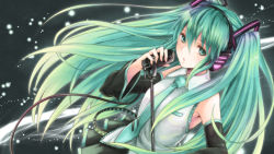 Rule 34 | 1girl, aqua eyes, aqua hair, detached sleeves, hatsune miku, headphones, highres, light particles, long hair, microphone, microphone stand, music, necktie, singing, solo, twintails, very long hair, vocaloid, wallpaper, yakusa