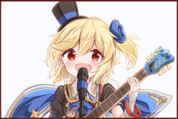 Rule 34 | 1girl, :d, asymmetrical sleeves, black border, black hat, black shirt, blonde hair, blue cape, blue flower, blush, border, cape, commentary request, electric guitar, fingernails, flower, girls&#039; frontline, guitar, hair between eyes, hair flower, hair ornament, hand up, hat, highres, holding, holding instrument, instrument, layered sleeves, long hair, long sleeves, looking at viewer, matsuo (matuonoie), microphone, mini hat, mini top hat, nagant revolver (astral bond) (girls&#039; frontline), nagant revolver (girls&#039; frontline), official alternate costume, one side up, open mouth, puffy short sleeves, puffy sleeves, red eyes, shirt, short over long sleeves, short sleeves, simple background, sleeves past wrists, smile, solo, tilted headwear, top hat, uneven sleeves, upper body, white background