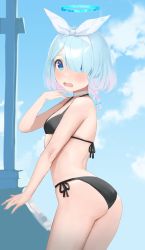 Rule 34 | 1girl, arona (blue archive), ass, bikini, black bikini, blue archive, blue eyes, blue hair, blush, breasts, cloud, commentary request, hair over one eye, halo, headband, highres, looking at viewer, nekoshoko, open mouth, short hair, sky, small breasts, solo, swimsuit
