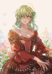Rule 34 | 1girl, 5altybitter5, breasts, cleavage, closed mouth, copyright request, dress, flower, frilled dress, frills, gown, green hair, highres, long hair, long sleeves, pink flower, red dress, red eyes, smile, solo, standing