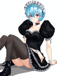 Rule 34 | 1girl, alternate costume, arm across waist, arm support, ayanami rei, black choker, black footwear, black thighhighs, blue hair, blush, breasts, choker, cleavage, commentary request, dress, expressionless, frilled dress, frills, high heels, highres, himagin20180321, looking at viewer, medium breasts, neon genesis evangelion, puffy short sleeves, puffy sleeves, red eyes, short hair, short sleeves, solo, thighhighs, thighs, wrist cuffs