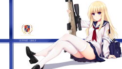 Rule 34 | 1girl, absurdres, allenes, arm at side, arm support, badge, bag, bag charm, black footwear, blonde hair, blouse, blue skirt, cardigan, charm (object), closed mouth, crossed legs, eyebrows, gun, highres, holding, holding gun, holding weapon, leaning back, loafers, long hair, looking at viewer, miniskirt, neckerchief, original, pleated skirt, pocket, purple eyes, rifle, school uniform, scope, serafuku, shirt, shoe dangle, shoes, shoulder bag, sitting, skirt, sniper rifle, solo, thighhighs, unzipped, weapon, white background, white shirt, white thighhighs