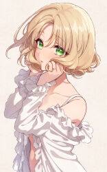 Rule 34 | 1girl, blonde hair, bra, collarbone, curly hair, frilled shirt, frills, green eyes, hands on own face, highres, hououji fuu, jewelry, looking at viewer, magic knight rayearth, masami (souzou jinsei sanka), parted lips, ring, shirt, short hair, simple background, solo, three quarter view, underwear, upper body, white bra, white shirt