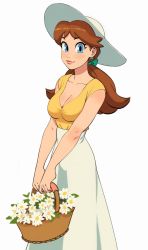Rule 34 | 1girl, awawawaart, basket, blue eyes, breasts, brown hair, casual, cleavage, closed mouth, collarbone, daisy, earrings, eyelashes, feet out of frame, flower, flower basket, flower earrings, hair tie, hat, high-waist skirt, highres, holding, holding basket, jewelry, large breasts, lips, long hair, looking at viewer, mario (series), nintendo, nose, nostrils, princess daisy, shirt, shirt tucked in, short sleeves, simple background, skirt, sleeveless, sleeveless shirt, smile, solo, sun hat, super mario land, tomboy, white background, white flower, white hat, white skirt, yellow shirt