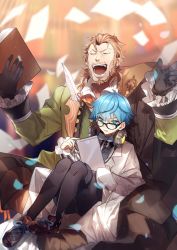 Rule 34 | 2boys, bad id, bad twitter id, beard, black legwear, blue eyes, blue hair, blurry, book, bow, bowtie, brown eyes, brown hair, depth of field, facial hair, fate/apocrypha, fate/extra, fate/extra ccc, fate (series), glasses, hans christian andersen (fate), headphones, headphones around neck, highres, lab coat, laughing, pantyhose under shorts, male focus, multiple boys, no-kan, pantyhose, quill, renaissance clothes, shorts, sitting, sitting on lap, sitting on person, william shakespeare (fate)