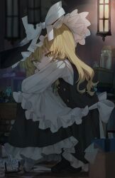 Rule 34 | 1girl, absurdres, apron, arm on knee, bandaid, bandaid on hand, basket, black dress, black footwear, black hat, blonde hair, book, bow, braid, chu (yuzumeno), commentary request, dress, frilled apron, frilled hat, frilled skirt, frills, from side, full body, green ribbon, hat, hat bow, highres, holding, indoors, jar, kirisame marisa, knees up, lantern, long hair, long sleeves, looking at viewer, mushroom, open book, ribbon, single braid, skirt, solo, squatting, touhou, white apron, white bow, witch hat, yellow eyes