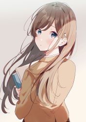 Rule 34 | 1girl, artist name, blue eyes, blush, book, brown hair, brown jacket, commentary request, from behind, grey background, hair ornament, hairclip, hanako151, highres, holding, holding book, holding paper, jacket, long hair, looking at viewer, looking back, original, paper, parted lips, shirt, sidelocks, solo, upper body, white shirt