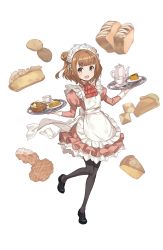 Rule 34 | 10s, 1girl, :d, artist request, beatrice (princess principal), black footwear, black pantyhose, blunt bangs, brown hair, cookie, cup, double bun, food, full body, hair bun, highres, holding, holding tray, juliet sleeves, long sleeves, maid, open mouth, pantyhose, pie, pie slice, princess principal, puffy sleeves, saucer, shoes, smile, solo, standing, teacup, teapot, transparent background, tray, waffle