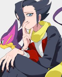 Rule 34 | 1boy, black hair, black jacket, black nails, black pants, blue eyes, buttons, cat, closed mouth, commentary request, creatures (company), crossed legs, game freak, gen 5 pokemon, grimsley (pokemon), hand up, jacket, liepard, long sleeves, looking down, male focus, miyawaki, nail polish, nintendo, pants, pointy hair, pokemon, pokemon (creature), pokemon bw, raised eyebrows, scarf, shirt, smile, solo, white shirt, yellow scarf