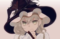 Rule 34 | 1girl, bad id, bad twitter id, blonde hair, covering own mouth, ear piercing, eyelashes, hat, kirisame marisa, long sleeves, piercing, portrait, shi chimi, short hair, simple background, solo, touhou, witch hat, yellow eyes