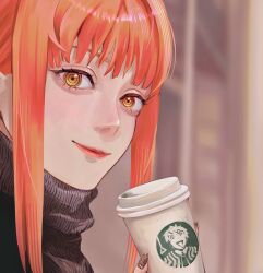 Rule 34 | 1girl, absurdres, alternate costume, asaki illust, black sweater, blurry, blurry background, chainsaw man, coffee cup, cup, depth of field, disposable cup, highres, logo parody, looking at viewer, makima (chainsaw man), medium bangs, orange eyes, orange hair, outdoors, portrait, red lips, ringed eyes, sidelocks, solo, starbucks, sweater, turtleneck, turtleneck sweater