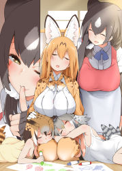 Rule 34 | 10s, ^ ^, aged up, alternate hair length, alternate hairstyle, animal ear fluff, animal ears, apron, armpits, black gloves, black hair, blonde hair, blush, breasts, brown hair, child&#039;s drawing, closed eyes, collared shirt, commentary request, eurasian eagle owl (kemono friends), finger to mouth, fingerless gloves, gloves, hair between eyes, hayashi (l8poushou), highres, indoors, kemono friends, large breasts, leaning forward, looking at viewer, lying, multicolored hair, no bra, northern white-faced owl (kemono friends), on side, on stomach, open mouth, otter ears, owl ears, print legwear, serval (kemono friends), serval print, shirt, silver hair, sitting, sleeping, sleeping on person, small-clawed otter (kemono friends), smile, tail, thighhighs, triangle mouth, white apron, white shirt, wooden floor