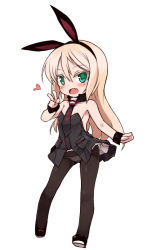 Rule 34 | 1girl, animal ears, bare shoulders, black necktie, black pantyhose, blonde hair, blush, chibi, detached collar, fake animal ears, fang, green eyes, heart, heinrike prinzessin zu sayn-wittgenstein, long hair, looking at viewer, necktie, null (nyanpyoun), panties, panties under pantyhose, pantyhose, print necktie, rabbit ears, simple background, smile, solo, strike witches, underwear, v, white background, white panties, world witches series, wrist cuffs