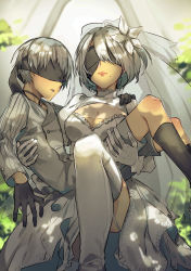 Rule 34 | 1boy, 1girl, blindfold, blush, breasts, bridal veil, bride, carrying, cleavage, couple, dress, feather-trimmed sleeves, flower, formal, gloves, groom, hair between eyes, hetero, highres, jewelry, lips, mole, mole under mouth, nier (series), nier:automata, oune (siroiobap), princess carry, ring, shiny skin, short hair, smile, suit, thighhighs, veil, wedding, wedding dress, white hair, 2b (nier:automata), 9s (nier:automata)