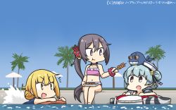 Rule 34 | 1other, 3girls, akebono (kancolle), animal, animal on head, beach umbrella, bell, bikini, black ribbon, blonde hair, blue hair, blue one-piece swimsuit, blue sky, commentary request, dated, day, dixie cup hat, double bun, fang, flower, food, hair bell, hair bun, hair flower, hair ornament, hamu koutarou, hat, hat ribbon, highres, innertube, jingle bell, kantai collection, kebab, kickboard, little blue whale (kancolle), long hair, low twintails, military hat, multiple girls, on head, one-piece swimsuit, open mouth, outdoors, palm tree, pink bikini, poolside, purple eyes, purple hair, ribbon, samuel b. roberts (kancolle), satsuki (kancolle), school swimsuit, short hair, side ponytail, skin fang, sky, sunglasses, swim ring, swimsuit, tree, twintails, umbrella, very long hair, whale, white headwear, x navel, yellow eyes